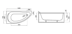 Badland Baignoire asymétrique 140 x 70 Gauche MIKI acrylique blanc, sans Habillage + Pieds + Vidage à chromé