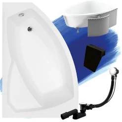 Baignoire D'Angle|Badland Baignoire asymétrique 150 x 95 Gauche RIMA acrylique blanc + Habillage en polystyrène + Repose Tête + Pieds + Vidage à chromé