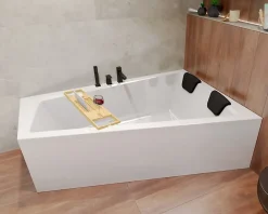 Badland Baignoire asymétrique 170 x 125 Droite INTIMA acrylique blanc, sans Habillage + Étagère bambou + Pieds + Vidage à chromé