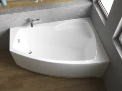 Baignoire D'Angle|Badland Baignoire asymétrique 150 x 90 Droite FRIDA acrylique blanc + avec Tablier + Pieds + Vidage à chromé