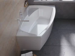 Baignoire D'Angle|Badland Baignoire asymétrique 150 x 90 Droite FRIDA acrylique blanc + avec Tablier + Pieds + Vidage à chromé
