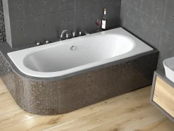 Baignoire D'Angle|Badland Baignoire asymétrique 170 x 75 Droite AVITA SLIM acrylique blanc + Habillage en polystyrène + Pieds + Vidage à chromé