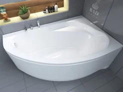 Baignoire D'Angle|Badland Baignoire asymétrique 150 x 100 Droite MAREA acrylique blanc + avec Tablier + Pieds + Vidage à chromé