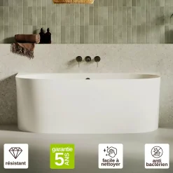 Baignoire Asymétrique|Lavaberg Baignoire asymétrique 158 x 86 x 58 cm Blanc Mat en minéral composite - Mod. FROSK avec Trop Plein