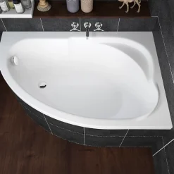 Baignoire D'Angle|Badland Baignoire asymétrique 130 x 85 Droite STANDARD acrylique blanc + Habillage en polystyrène + Pieds + Vidage à chromé
