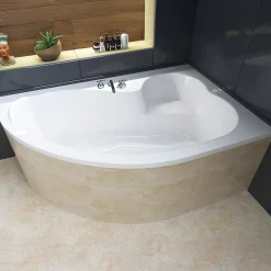 Baignoire D'Angle|Badland Baignoire asymétrique 160 x 105 Droite MEGA acrylique blanc + Habillage en polystyrène + Pieds + Vidage à chromé