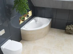 Baignoire D'Angle|Badland Baignoire asymétrique 160 x 105 Droite MEGA acrylique blanc + Habillage en polystyrène + Pieds + Vidage à chromé