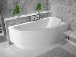 Baignoire D'Angle|Badland Baignoire asymétrique 150 x 70 Droite PRAKTIKA acrylique blanc, sans Habillage + Pieds + Vidage à chromé
