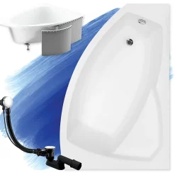 Baignoire D'Angle|Badland Baignoire asymétrique 140 x 90 Droite RIMA acrylique blanc + Habillage en polystyrène + Pieds + Vidage à chromé