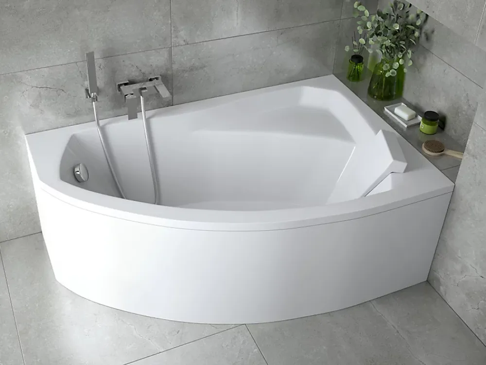 Baignoire D'Angle|Badland Baignoire asymétrique 140 x 90 Droite RIMA acrylique blanc + Habillage en polystyrène + Pieds + Vidage à chromé