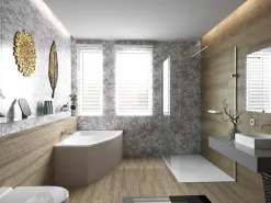 Baignoire D'Angle|Badland Baignoire asymétrique 150 x 90 Droite FRIDA acrylique blanc + Habillage en polystyrène + Pieds + Vidage à chromé