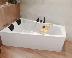 Baignoire D'Angle|Badland Baignoire asymétrique 150 x 85 Gauche INTIMA acrylique blanc, sans Habillage + Étagère bambou + Pieds + Vidage à chromé