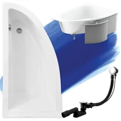 Baignoire D'Angle|Badland Baignoire asymétrique 140 x 70 Gauche PRAKTIKA acrylique blanc + Habillage en polystyrène + Pieds + Vidage à chromé
