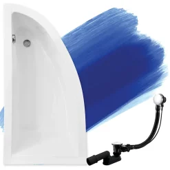 Baignoire D'Angle|Badland Baignoire asymétrique 150 x 70 Gauche PRAKTIKA acrylique blanc, sans Habillage + Pieds + Vidage à chromé