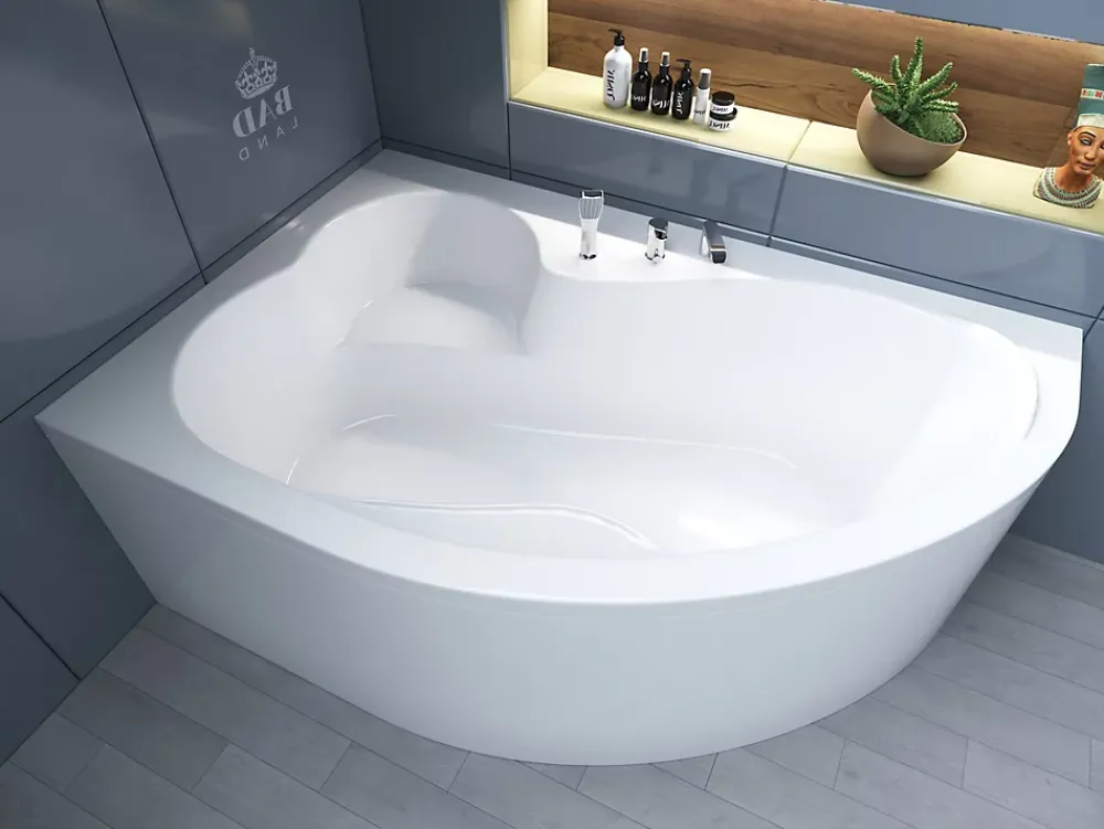 Baignoire D'Angle|Badland Baignoire asymétrique 160 x 105 Gauche MEGA acrylique blanc, sans Habillage + Pieds + Vidage à chromé