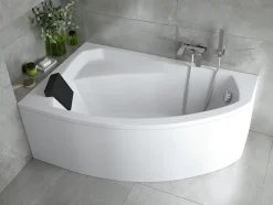 Baignoire D'Angle|Badland Baignoire asymétrique 160 x 100 Gauche RIMA acrylique blanc + Habillage en polystyrène + Repose Tête + Pieds + Vidage à chromé