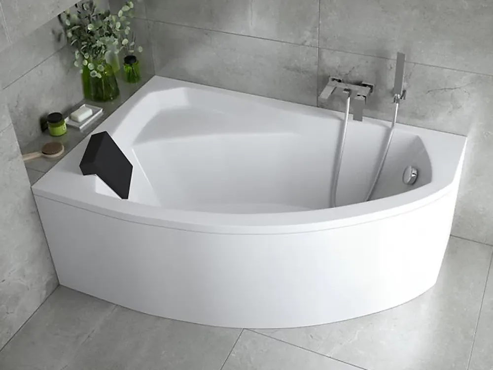 Baignoire D'Angle|Badland Baignoire asymétrique 160 x 100 Gauche RIMA acrylique blanc + Habillage en polystyrène + Repose Tête + Pieds + Vidage à chromé