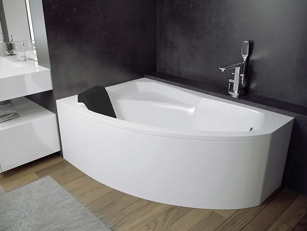 Baignoire D'Angle|Badland Baignoire asymétrique 160 x 100 Gauche RIMA acrylique blanc + Habillage en polystyrène + Repose Tête + Pieds + Vidage à chromé
