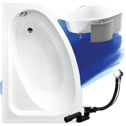 Baignoire D'Angle|Badland Baignoire asymétrique 150 x 100 Gauche CORNEA acrylique blanc + Habillage en polystyrène + Pieds + Vidage à chromé