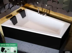 Besco Baignoire Asymétrique avec Tablier Noir - 180 x 125 cm - GAUCHE - INTIMA DUO - 2 REPOSE-TÊTES OFFERTS