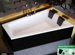 Baignoire Asymétrique|Besco Baignoire Asymétrique avec Tablier Noir - 170 x 125 cm - DROITE - INTIMA DUO - 2 REPOSE-TÊTES OFFERTS