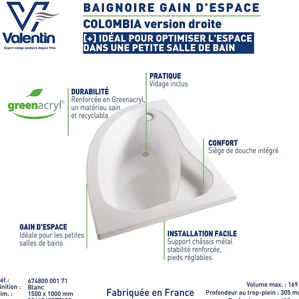 Valentin Baignoire asymétrique d'angle droit Colombia 150 x 100 cm sans tablier