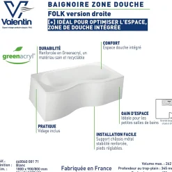 Valentin Baignoire asymétrique d'angle droit Folk 180 x 90 cm sans tablier