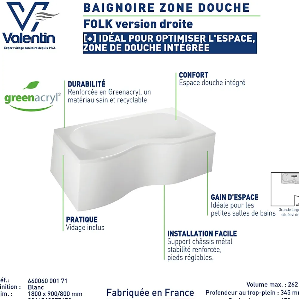 Valentin Baignoire asymétrique d'angle droit Folk 180 x 90 cm sans tablier