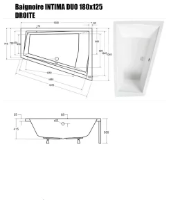 Baignoire Droite|Besco Baignoire Asymétrique sans Tablier - 180 x 125 cm - INTIMA DUO SANS TABLIER- DROITE - 2 REPOSE-TÊTES OFFERTS