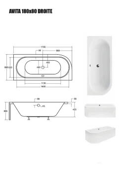 Besco Baignoire Asymétrique sans Tablier - 180 x 80 cm - AVITA SANS TABLIER - DROITE - 1 REPOSE-TÊTE OFFERT