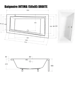 Baignoire Asymétrique|Besco Baignoire Asymétrique sans Tablier - 150 x 85 cm - INTIMA SANS TABLIER - DROITE - avec Repose tête OFFERT