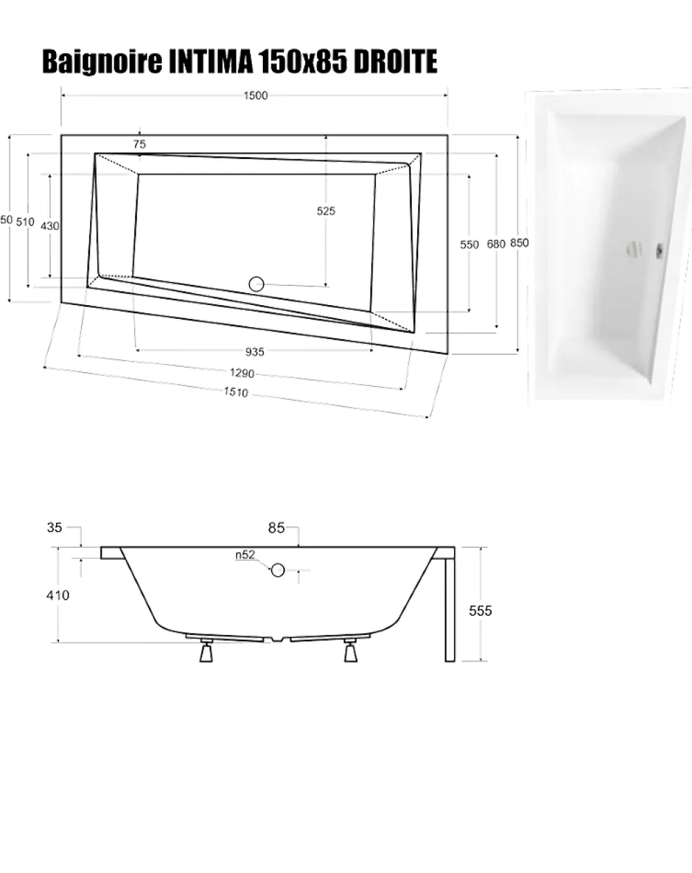 Baignoire Asymétrique|Besco Baignoire Asymétrique sans Tablier - 150 x 85 cm - INTIMA SANS TABLIER - DROITE - avec Repose tête OFFERT