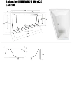 Baignoire Droite|Besco Baignoire Asymétrique sans Tablier - 170 x 125 cm - INTIMA DUO SANS TABLIER - GAUCHE - 2 REPOSE-TÊTES OFFERTS