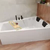 Baignoire D'Angle|Badland Baignoire asymétrique 180x125 Droite INTIMA acrylique blanc, sans Habillage + Repose Tête + Étagère bambou +Pieds +Vidage à chromé