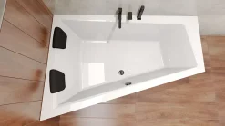 Baignoire D'Angle|Badland Baignoire asymétrique 180x125 Gauche INTIMA acrylique blanc, sans Habillage + Repose Tête + Étagère bambou +Pieds +Vidage à chromé