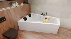 Baignoire D'Angle|Badland Baignoire asymétrique 180x125 Gauche INTIMA acrylique blanc, sans Habillage + Repose Tête + Étagère bambou +Pieds +Vidage à chromé