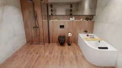 Badland Baignoire asymétrique 170x75 Gauche AVITA acrylique blanc, sans Habillage + Repose Tête + Étagère bambou + Pieds + Vidage à chromé