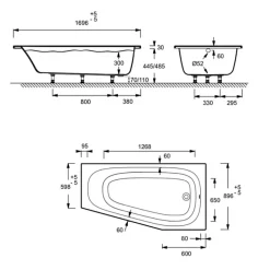 Jacob Delafon Baignoire bain douche 170 x 90 Bastille vidage à droite blanc mat