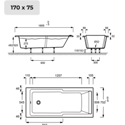 Baignoire Droite|Jacob Delafon Baignoire bain douche Struktura + pare bain + étagère 170 X 75