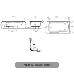 Baignoire Droite|Jacob Delafon Baignoire bain douche Malice antidérapante + pare bain 170 x 90, version gauche