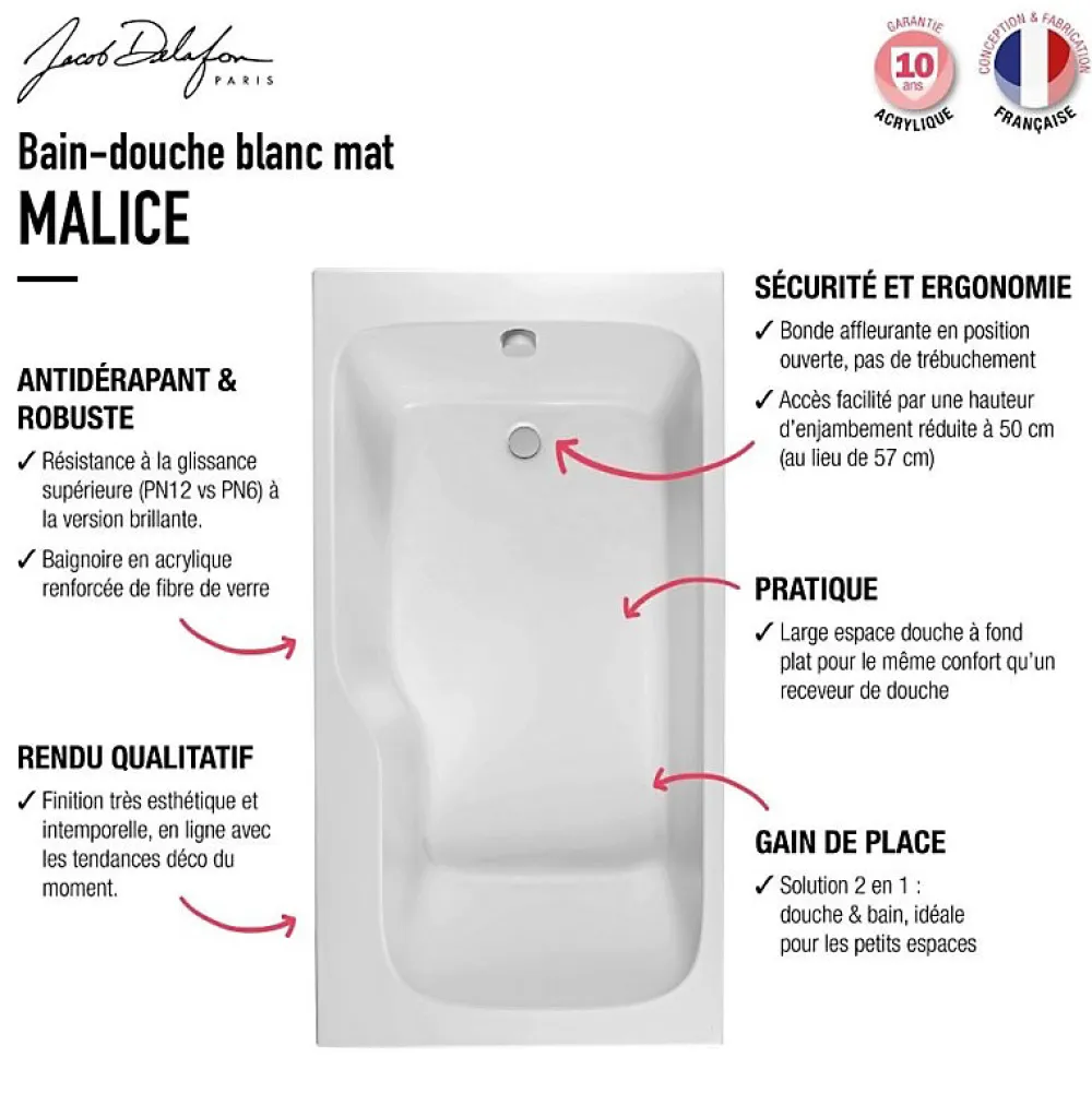 Jacob Delafon Baignoire bain douche Malice, antidérapant, version Gauche Blanc mat 170x90cm