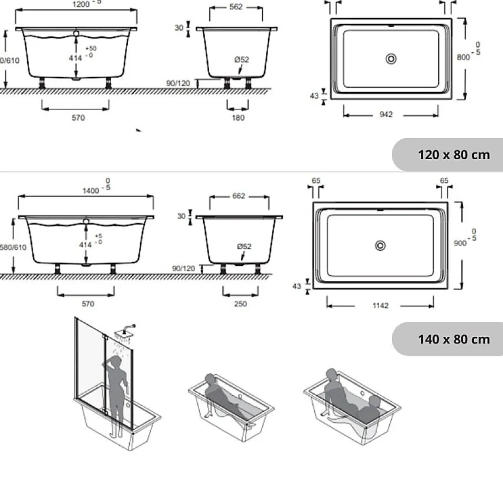 Baignoire Droite|Jacob Delafon Baignoire bain douche Capsule compacte et profonde 140 x 90 cm