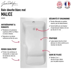 Jacob Delafon Baignoire bain douche Malice, antidérapant, version Gauche 160x85cm, Blanc mat
