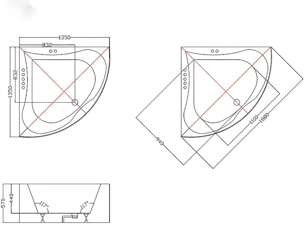 Vente-unique Baignoire balnéo d'angle AGYNESS - 263L - 135x135x57 cm