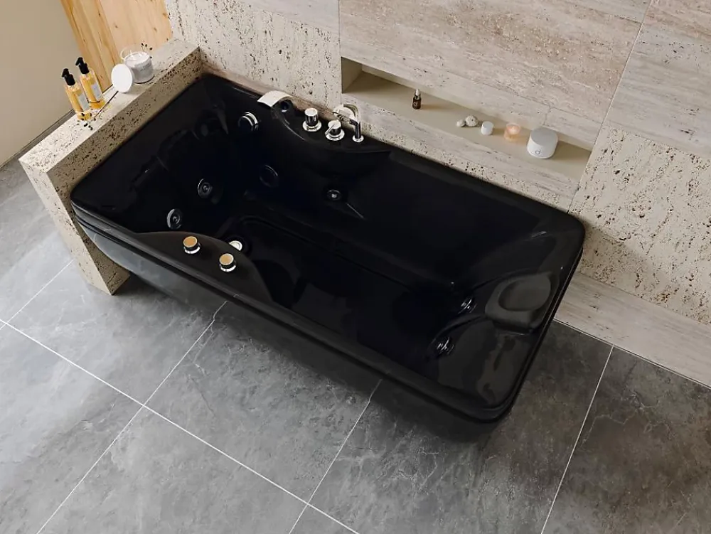 Baignoire Balnéo|Vente-unique Baignoire balnéo noire - 1 place - 140L - 150 x 75 x 54,5 cm - Angle gauche - GAVINO