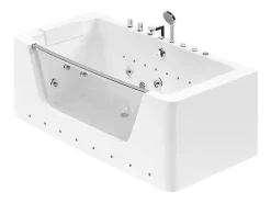 Baignoire Balnéo|Vente-unique Baignoire balnéo vitrée semi-îlot à leds DYONA - 1 place - 260L - 170x85x58cm - Blanche