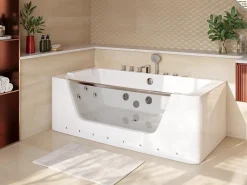 Baignoire Balnéo|Vente-unique Baignoire balnéo vitrée semi-îlot à leds DYONA - 1 place - 260L - 170x85x58cm - Blanche