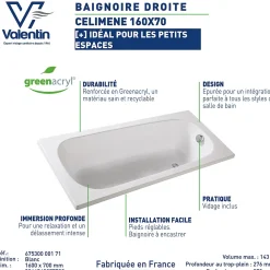 Baignoire Droite|Valentin Baignoire Celimene 160 x 70 cm sans tablier