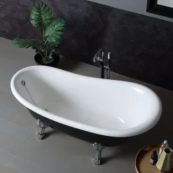 Baignoire Îlot|Kiamami Valentina Baignoire Classique Noire Et Blanche Avec Pieds Argentés Romantica