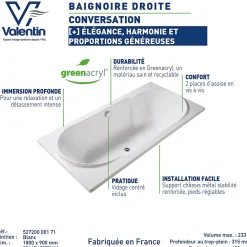 Baignoire Droite|Valentin Baignoire Conversation 180 x 90 cm sans tablier